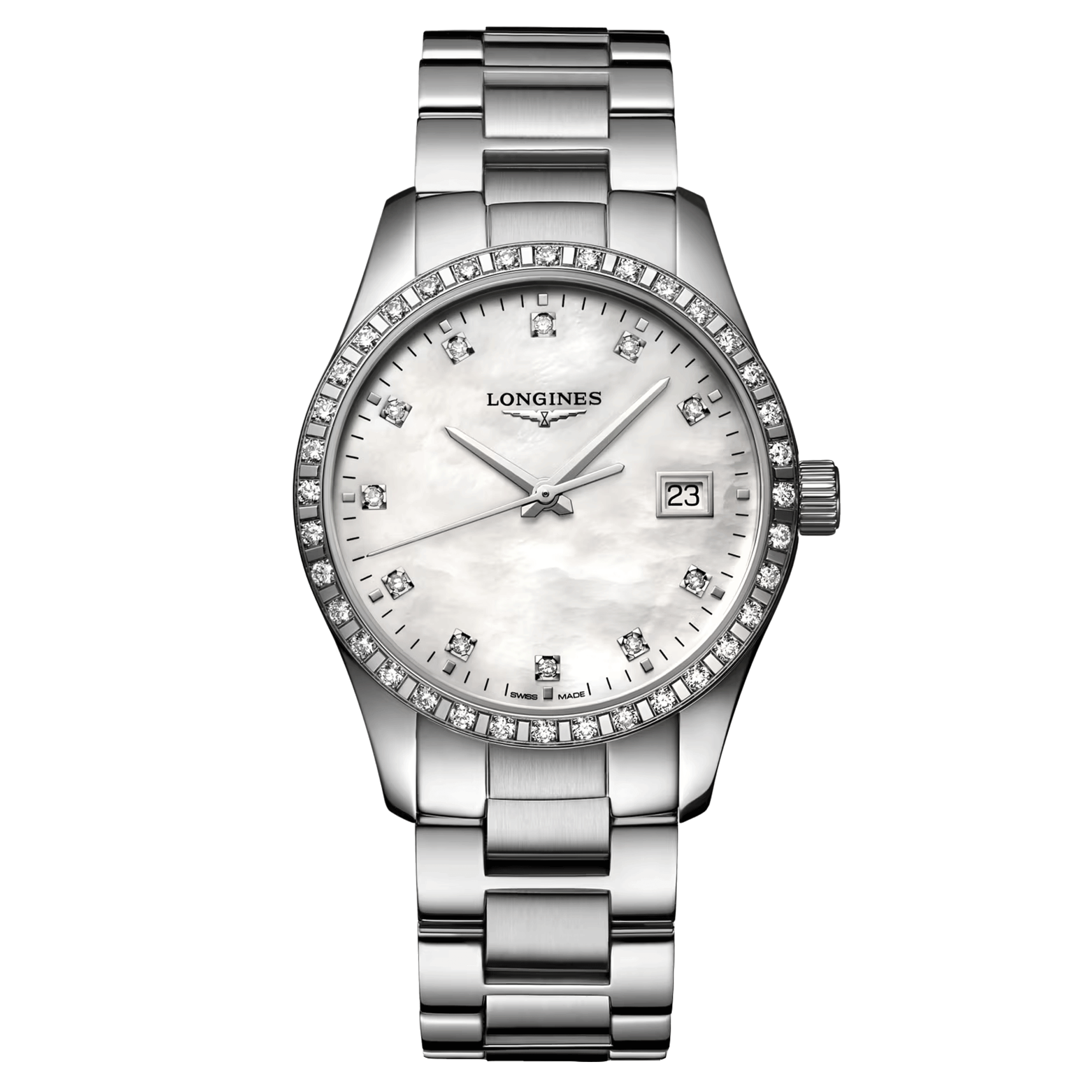 Montre Longines Conquest Classic quartz cadran nacre blanche lunette sertie bracelet acier 34 mm L2.386.0.87.6