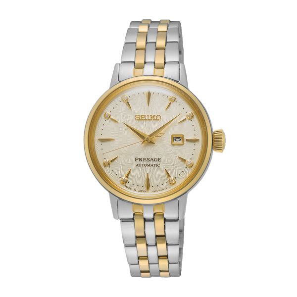 Seiko Presage Cocktail Time "White Lady" automatic golden dial diamonds stainless steel bracelet 30 mm