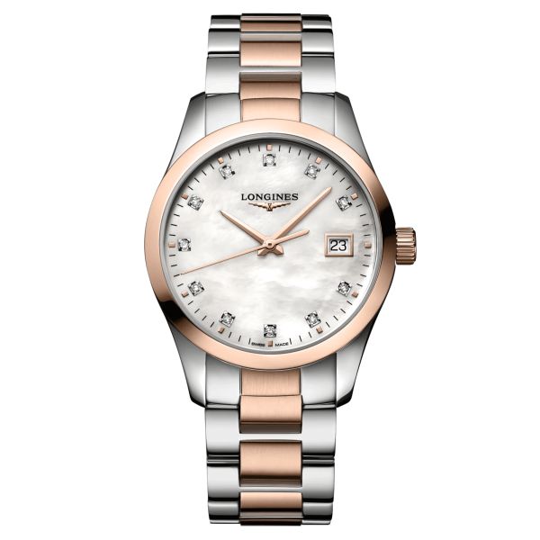 Longines Conquest Classic quartz watch mother-of-pearl dial two-tone bracelet 34 mm