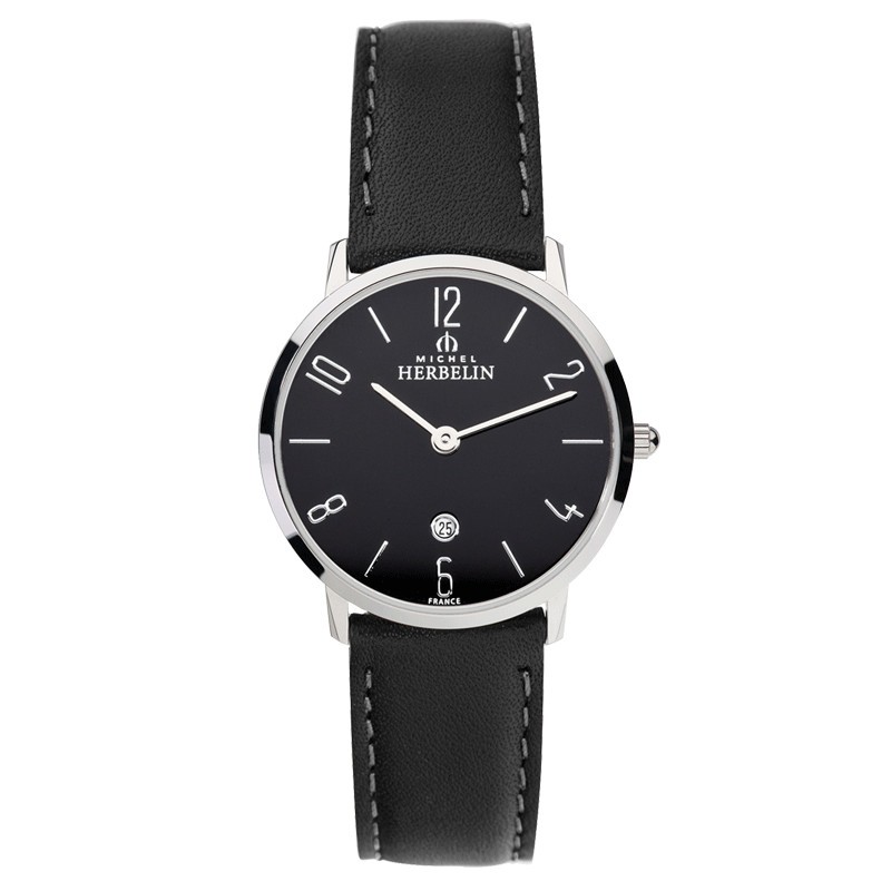 Montre Michel Herbelin City Lady quartz cadran noir bracelet cuir noir 30,5 mm