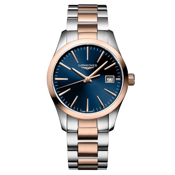 Longines Conquest Classic quartz watch blue dial two-tone bracelet 34 mm