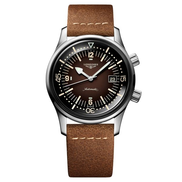 Longines Legend Diver automatic watch brown dial brown leather strap 42 mm