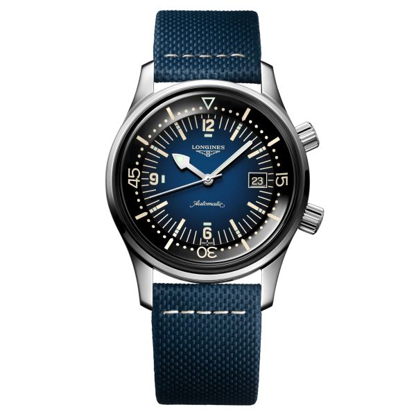 Longines Legend Diver automatic watch blue dial blue leather strap 42 mm