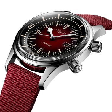 Longines Legend Diver automatic watch burgundy dial burgundy synthetic strap 36 mm