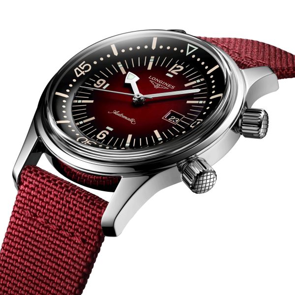 Longines Legend Diver automatic watch burgundy dial burgundy synthetic strap 36 mm