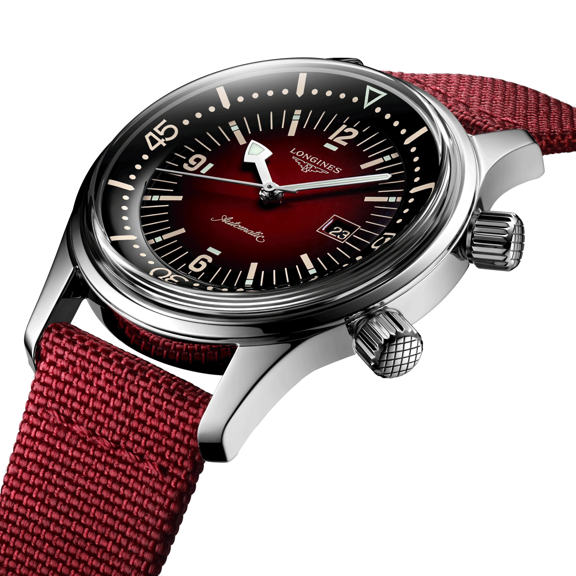 Longines Legend Diver automatic watch burgundy dial burgundy synthetic strap 36 mm