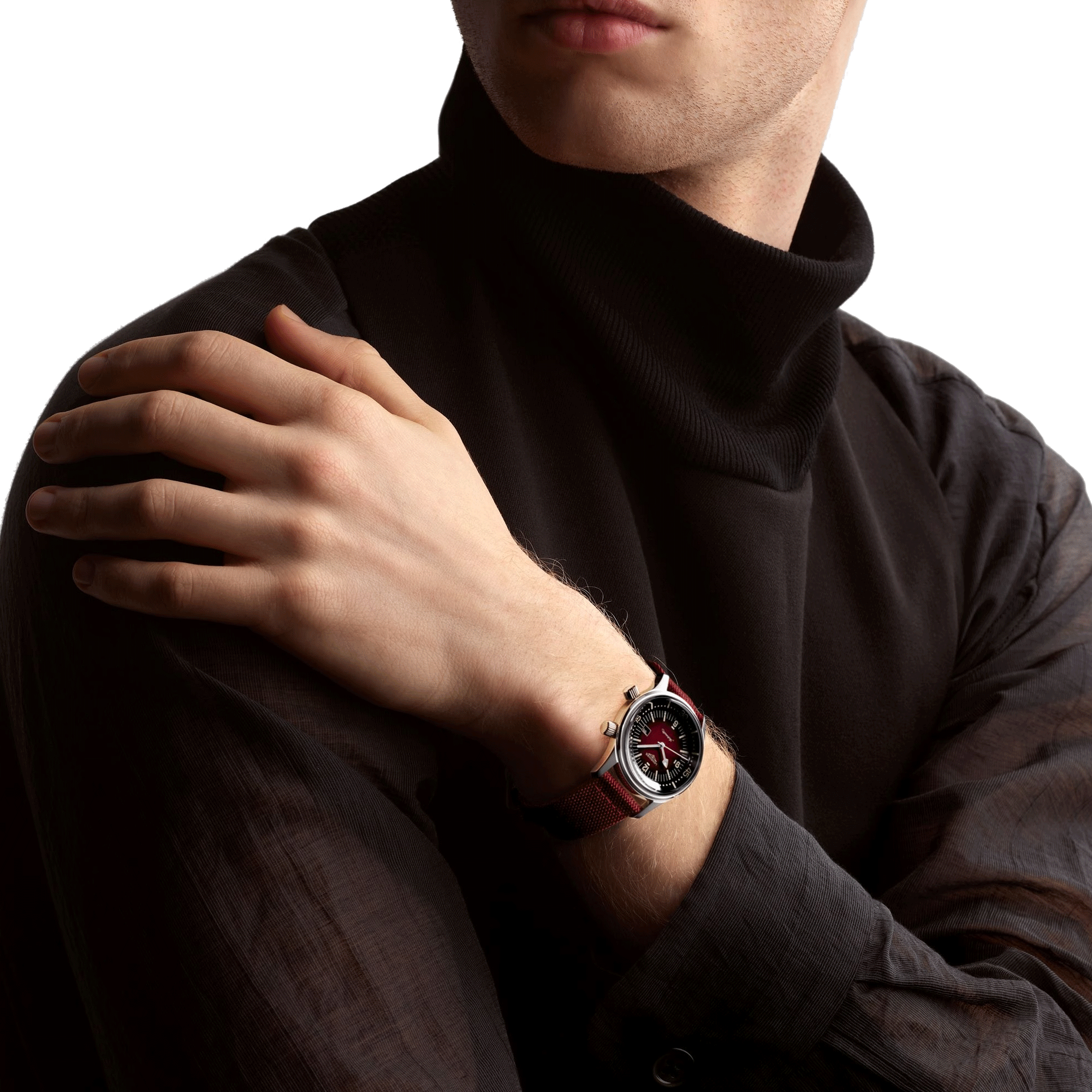 Longines Legend Diver automatic watch burgundy dial burgundy synthetic strap 36 mm