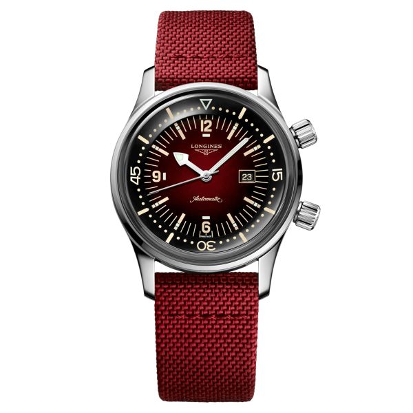 Longines Legend Diver automatic watch burgundy dial burgundy synthetic strap 36 mm