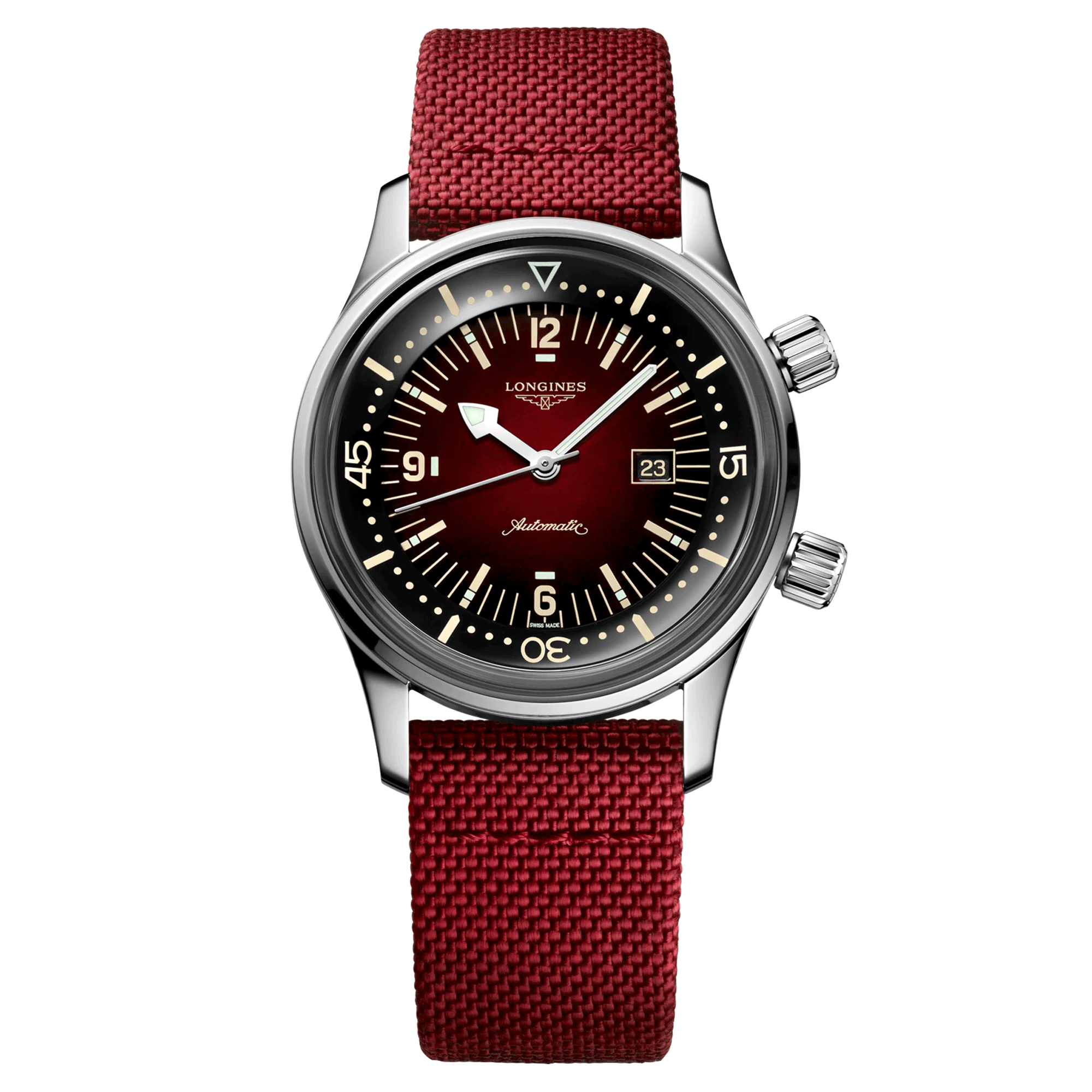 Longines Legend Diver automatic watch burgundy dial burgundy synthetic strap 36 mm
