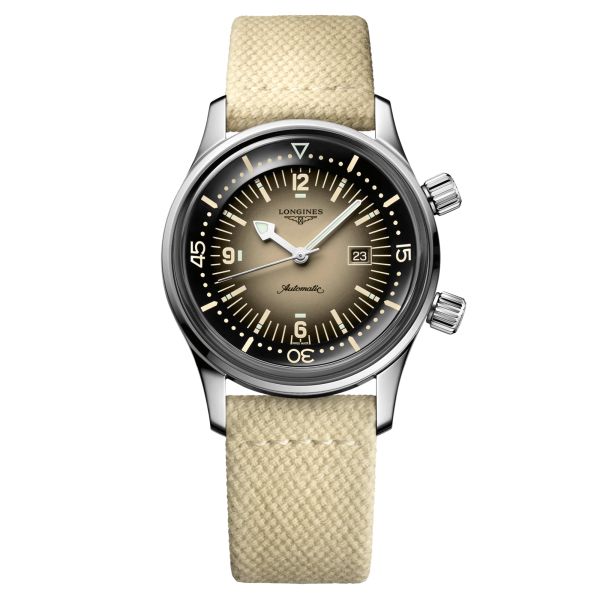 Longines Legend Diver automatic watch beige dial beige synthetic strap 36 mm