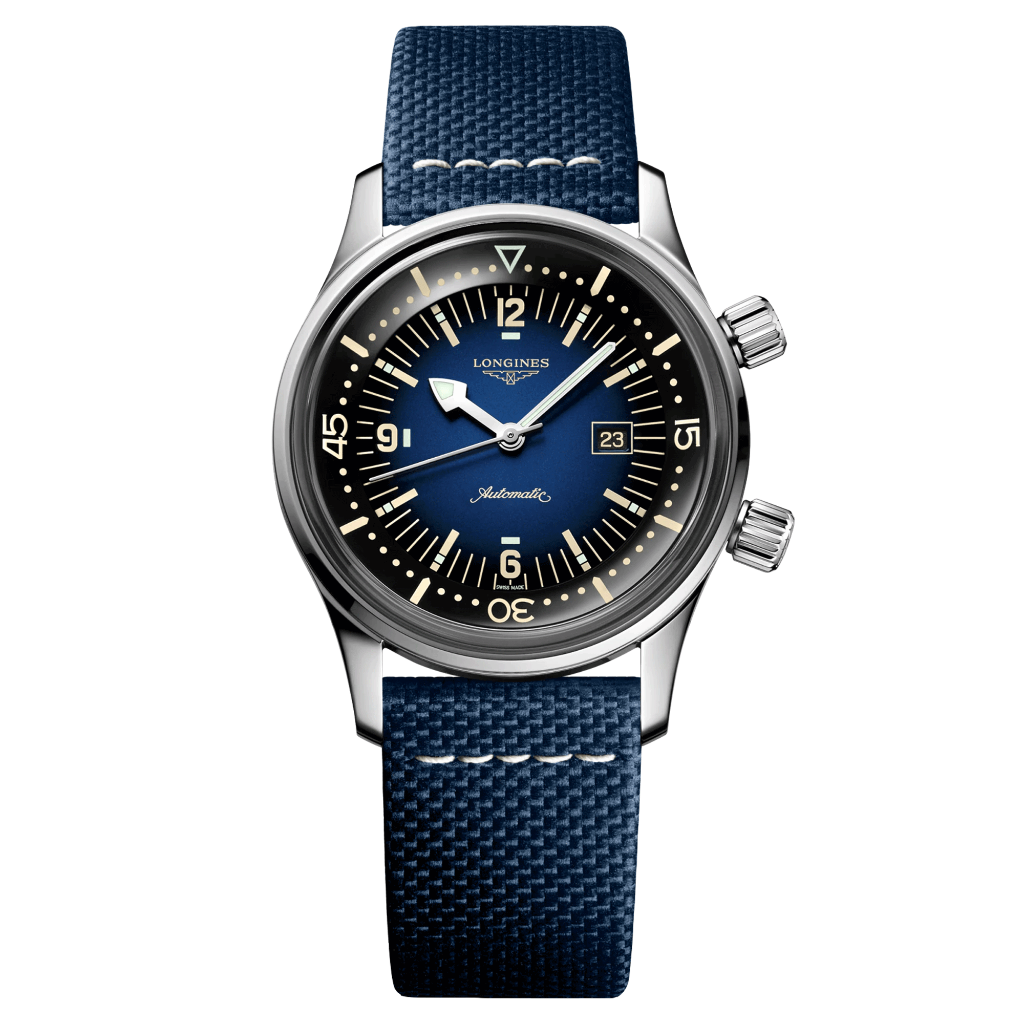 Longines Legend Diver automatic watch blue dial blue synthetic strap 36 mm