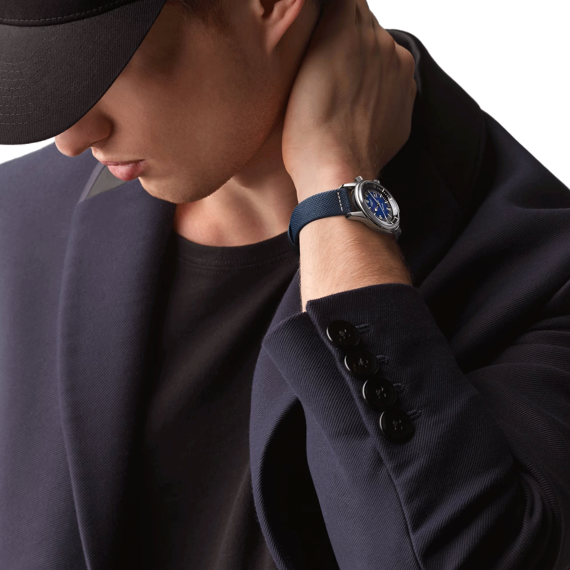 Longines Legend Diver automatic watch blue dial blue synthetic strap 36 mm