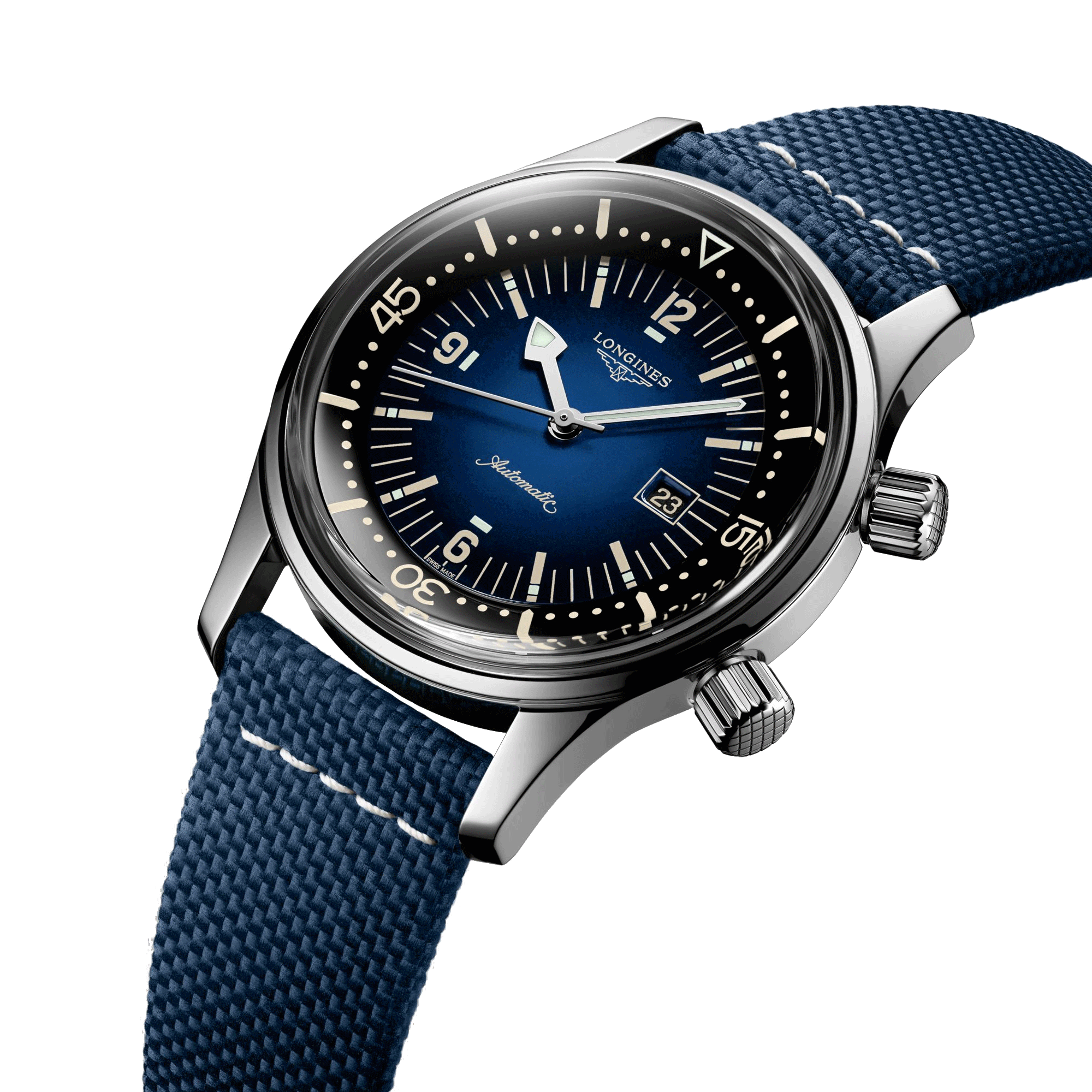 Longines Legend Diver automatic watch blue dial blue synthetic strap 36 mm