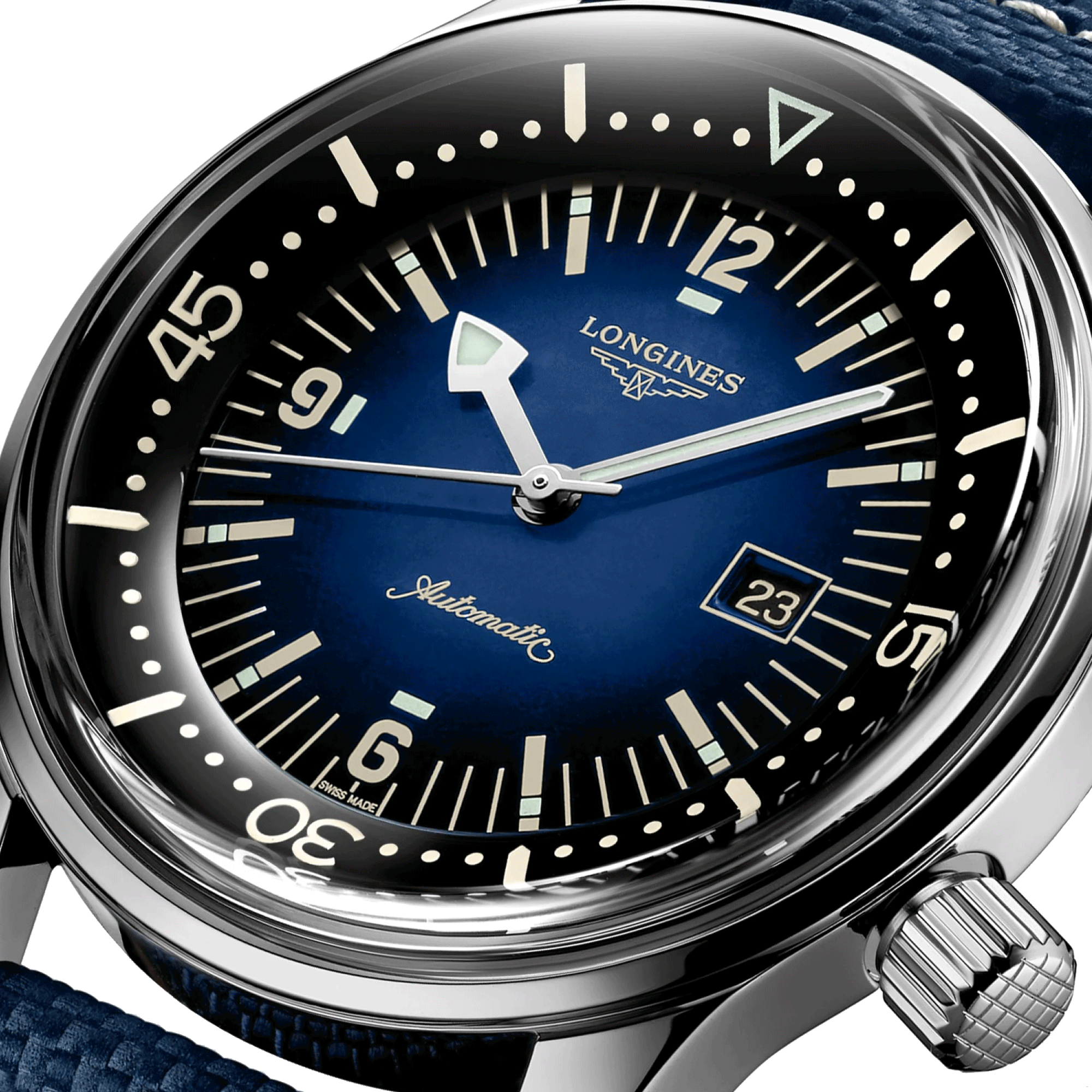 Longines Legend Diver automatic watch blue dial blue synthetic strap 36 mm