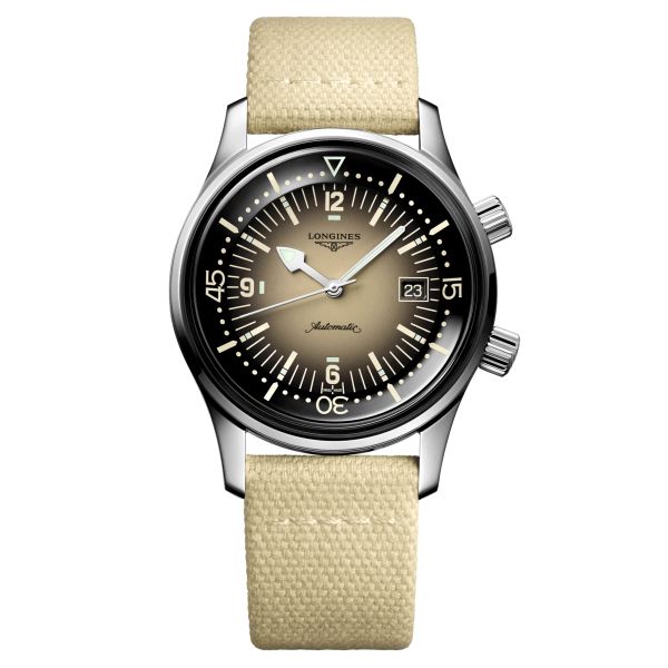 Longines Legend Diver automatic watch beige dial beige synthetic strap 42 mm