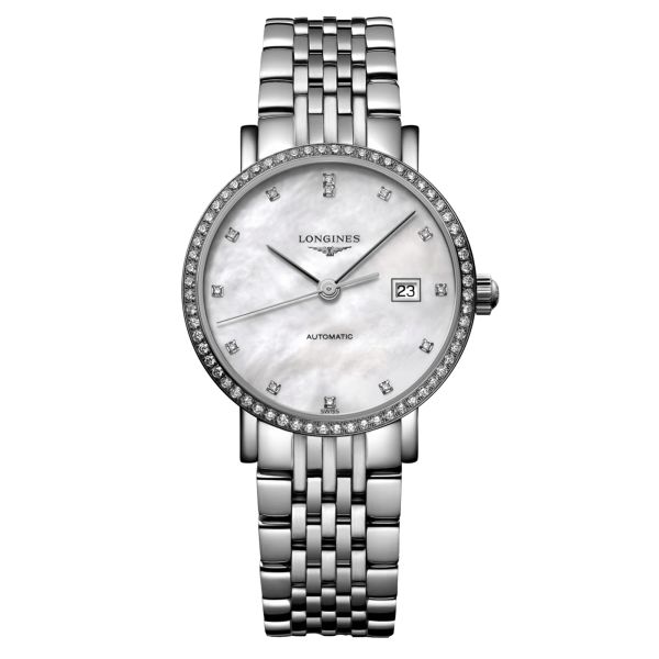 Montre Longines Elegant Collection automatique cadran nacre lunette sertie bracelet acier 29 mm