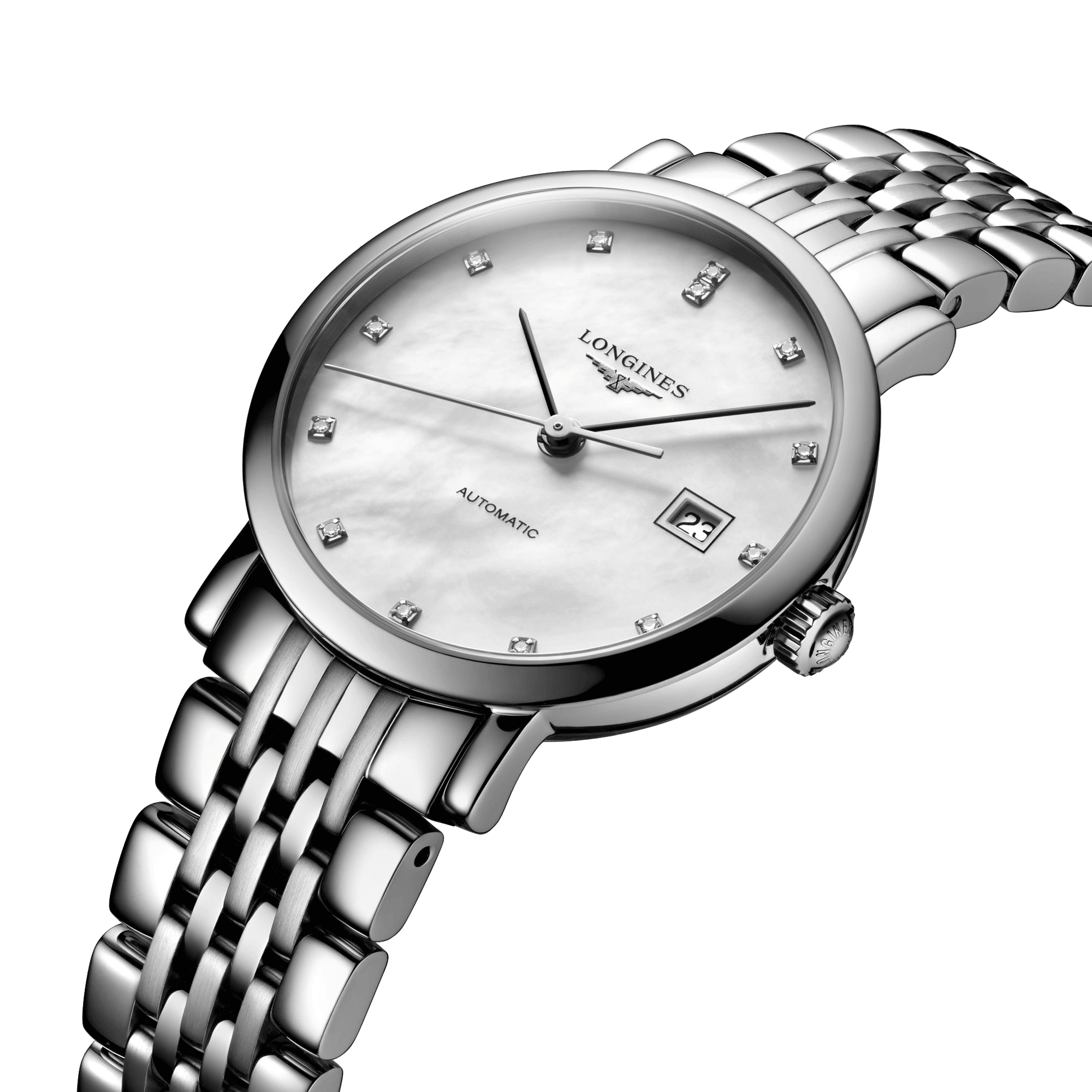 Montre Longines Elegant collection automatique cadran nacre index diamants 29 mm