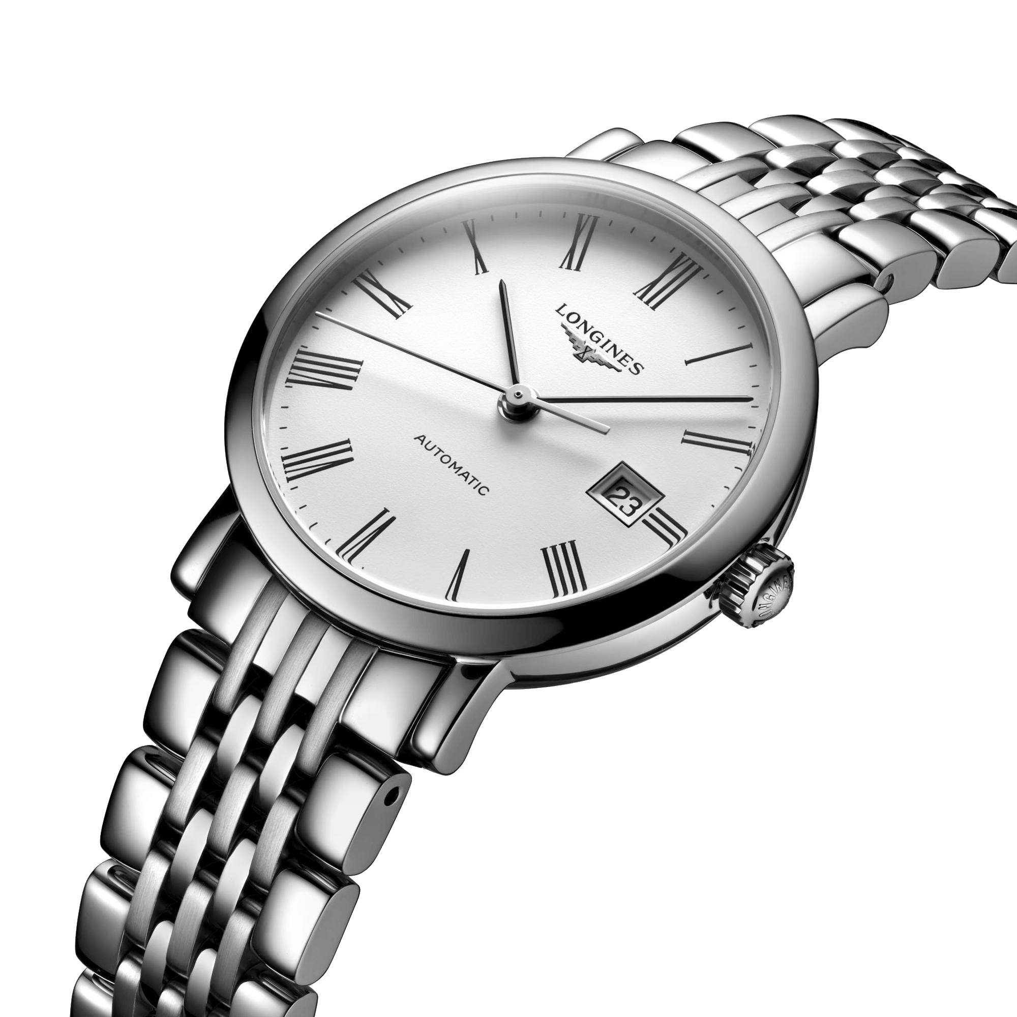 Montre Longines Elegant Collection automatique cadran blanc chiffres romains bracelet acier 29 mm L4.310.4.11.6