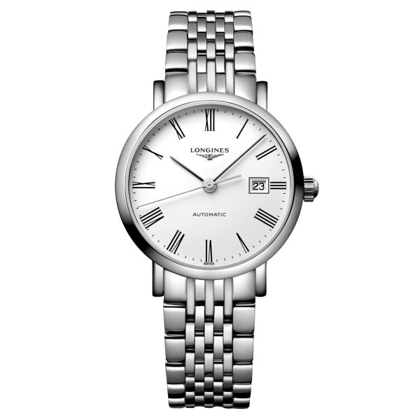 Montre Longines Elegant Collection automatique cadran blanc chiffres romains bracelet acier 29 mm