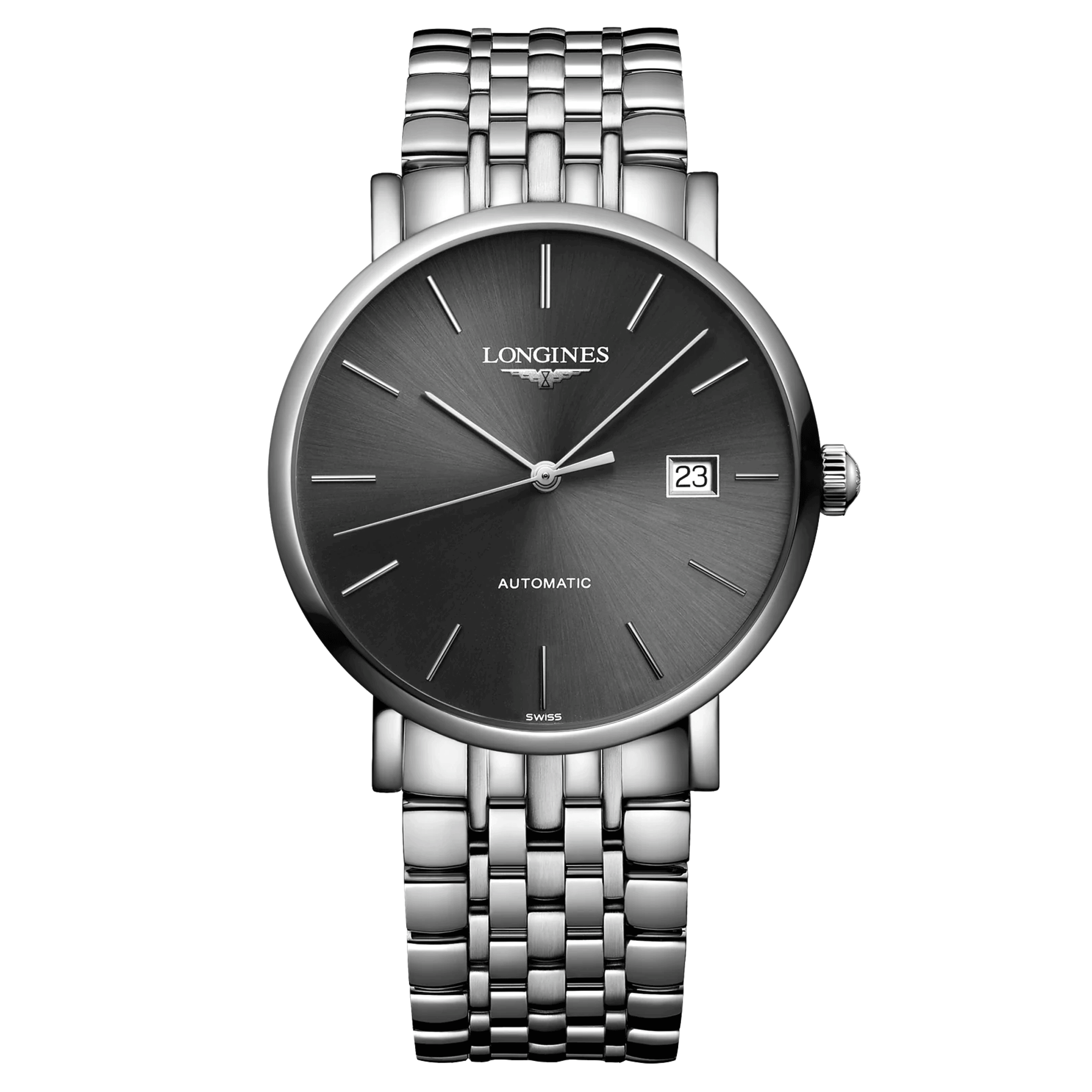 Montre Longines Elegant Collection automatique cadran gris anthracite bracelet acier 39 mm