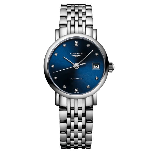 Montre Longines Elegant Collection automatique cadran bleu index diamants bracelet acier 25,5 mm