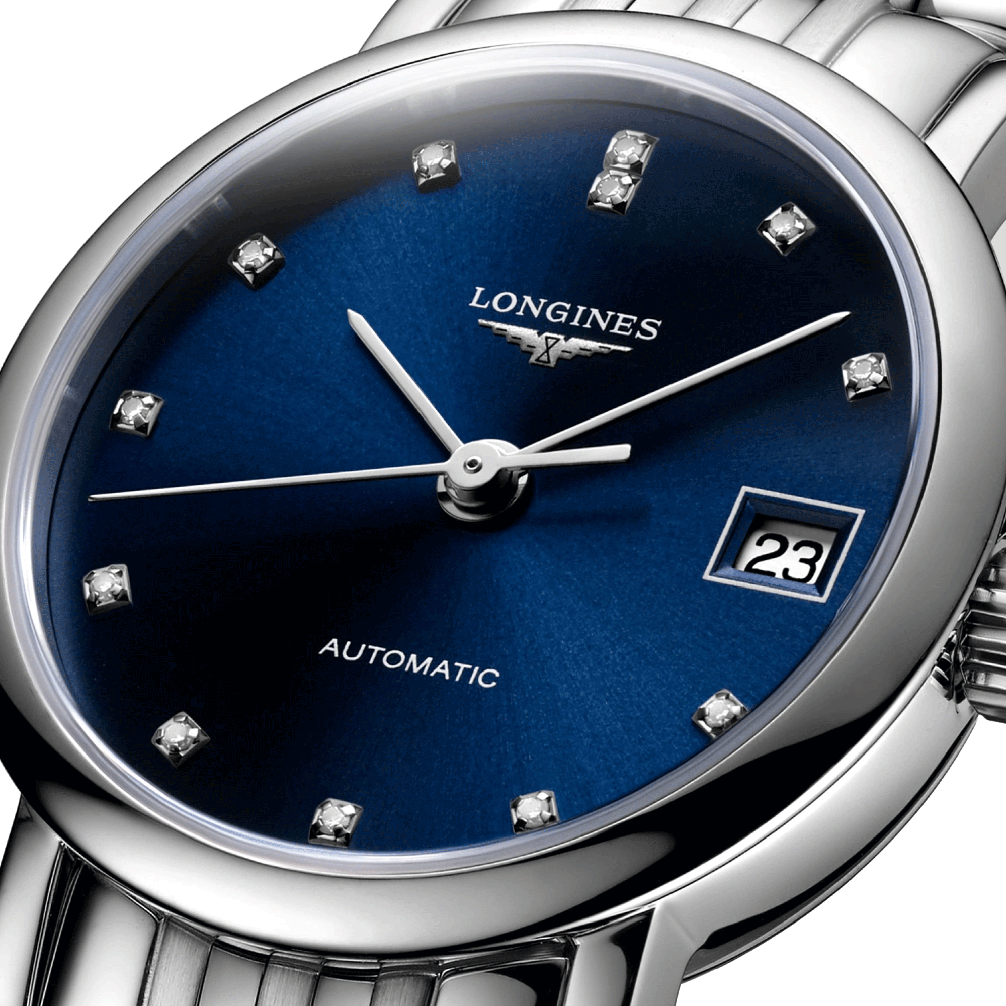 Montre Longines Elegant Collection automatique cadran bleu index diamants bracelet acier 25,5 mm L4.309.4.97.6