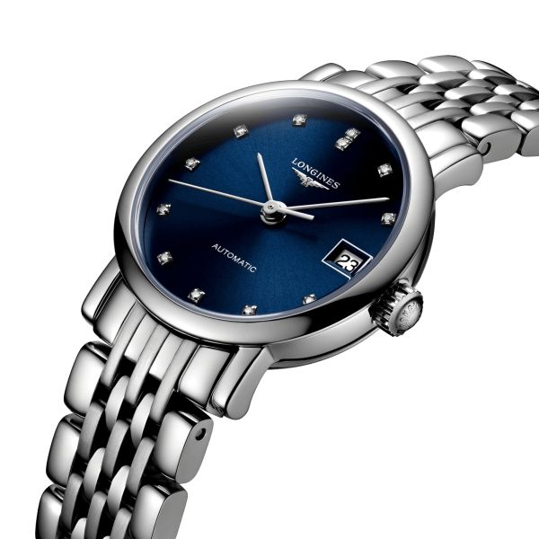 Montre Longines Elegant Collection automatique cadran bleu index diamants bracelet acier 25 5 mm