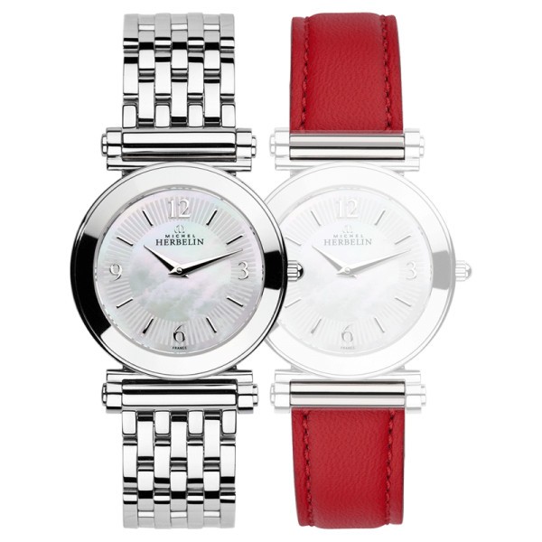 Montre Michel Herbelin Coffret Antarès quartz cadran nacre bracelets acier et cuir rouge 29 mm