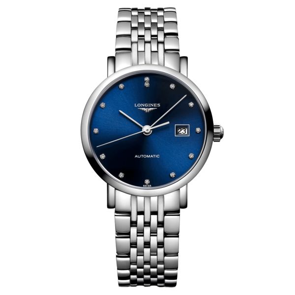 Montre Longines Elegant Collection automatique acier cadran bleu index diamants 29 mm L4.310.4.97.6