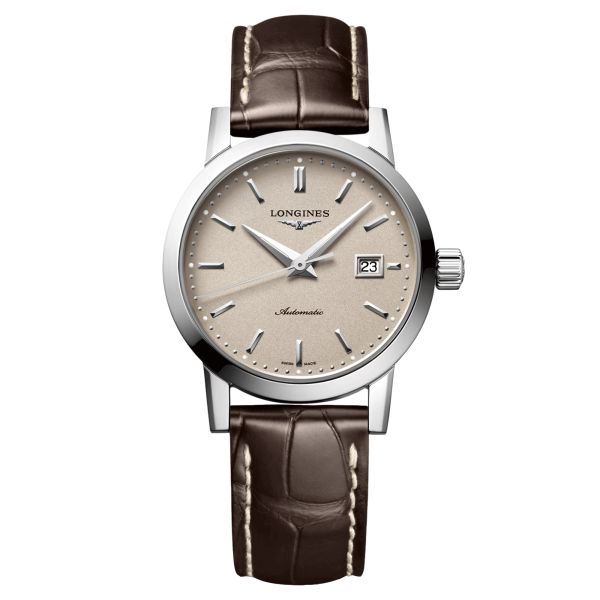 Longines Heritage 1832 automatic watch beige dial brown crocodile leather strap 30 mm