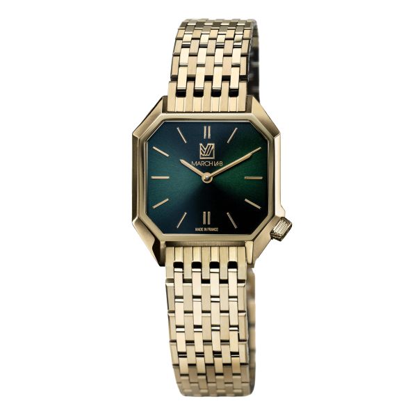 Montre March LA.B Dandy Mansart Electrique Emerald cadran vert bracelet acier 9 maillons gold 30 mm
