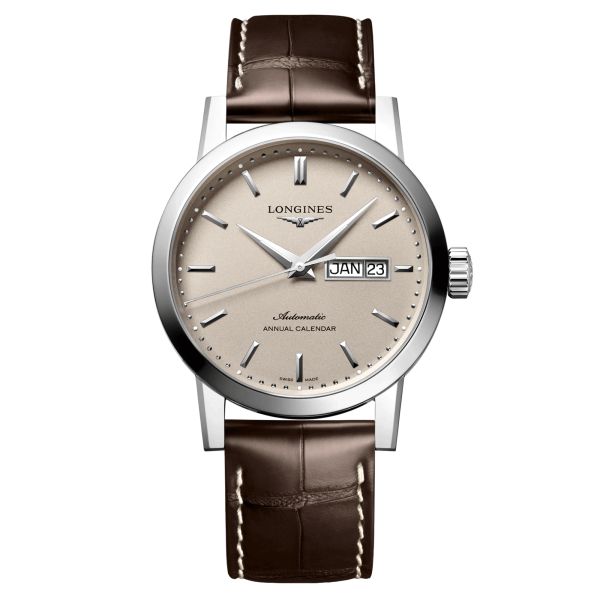 Longines 1832 Yearly Calendar automatic watch beige dial brown leather strap 40 mm