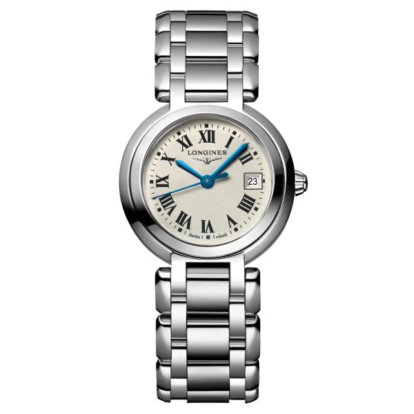 Montre Longines Primaluna quartz cadran argenté chiffres romains bracelet acier 26,5 mm L8.110.4.71.6