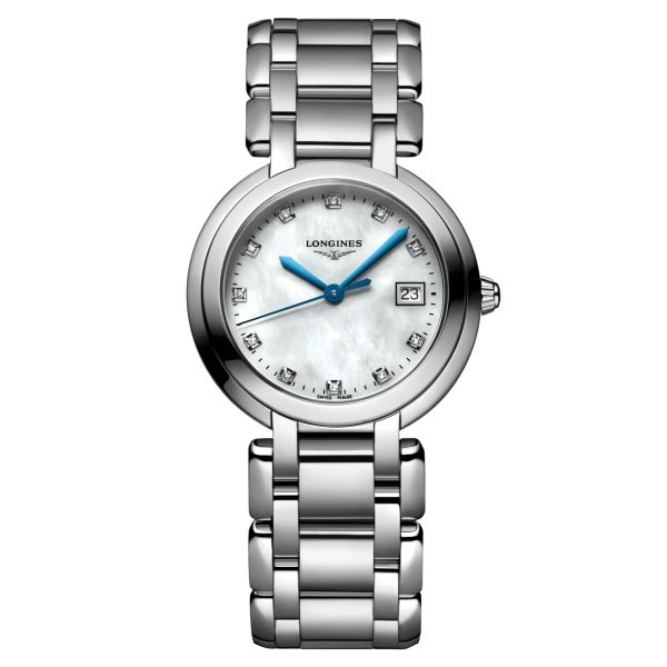 Montre Longines Primaluna quartz cadran nacre index diamants bracelet acier 30 mm L8.112.4.87.6