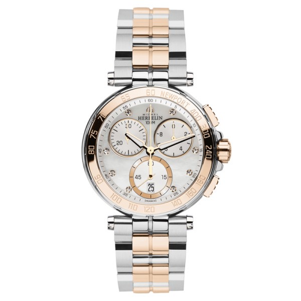 Montre Michel Herbelin Newport quartz chronographe cadran argent bracelet acier bicolore 34 mm