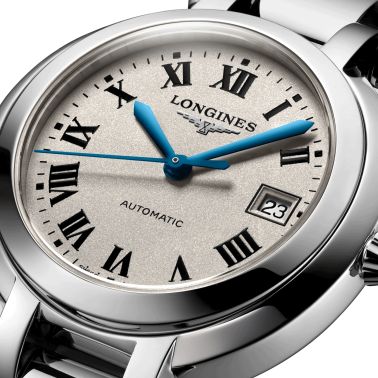 Montre Longines Primaluna automatique cadran argenté chiffres romains bracelet acier 30 mm