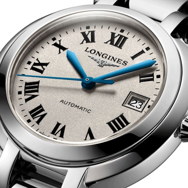Montre Longines Primaluna automatique cadran argenté chiffres romains bracelet acier 30 mm