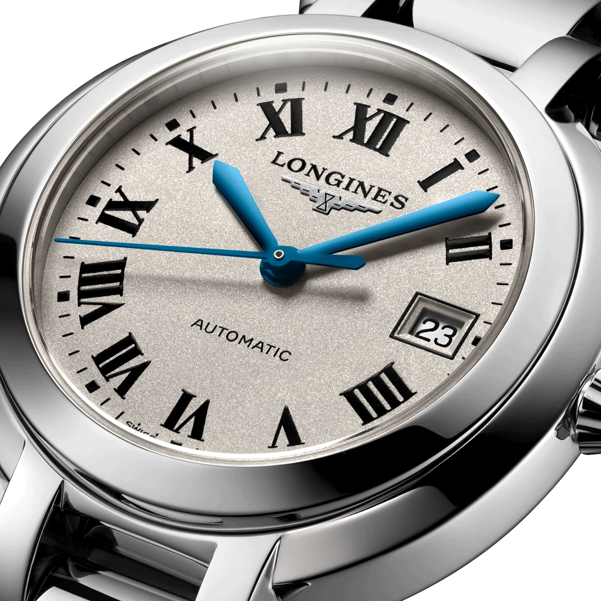Montre Longines Primaluna automatique cadran argenté chiffres romains bracelet acier 30 mm
