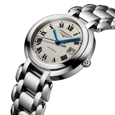 Montre Longines Primaluna automatique cadran argenté chiffres romains bracelet acier 30 mm