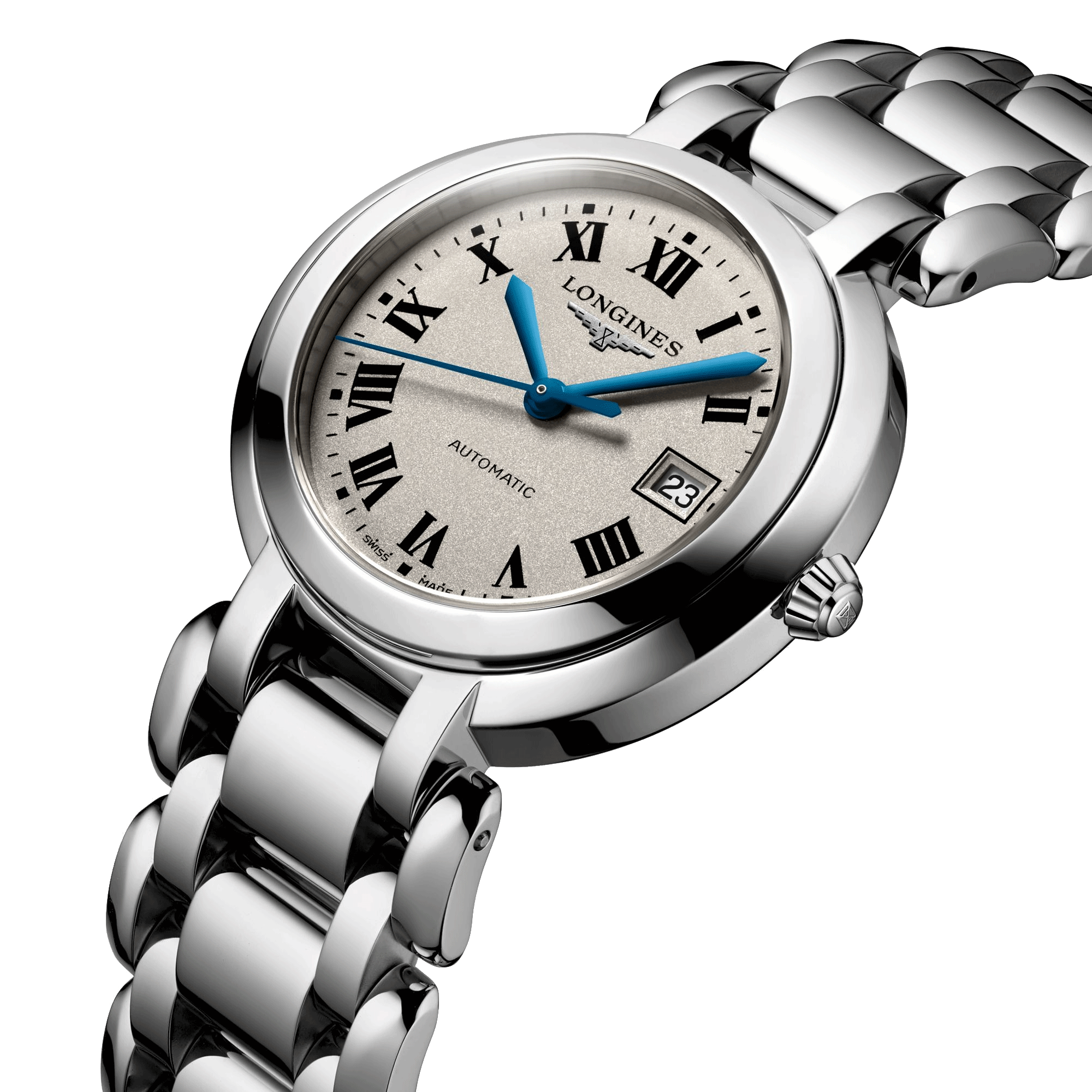 Montre Longines Primaluna automatique cadran argenté chiffres romains bracelet acier 30 mm