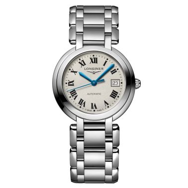 Montre Longines Primaluna automatique cadran argenté chiffres romains bracelet acier 30 mm