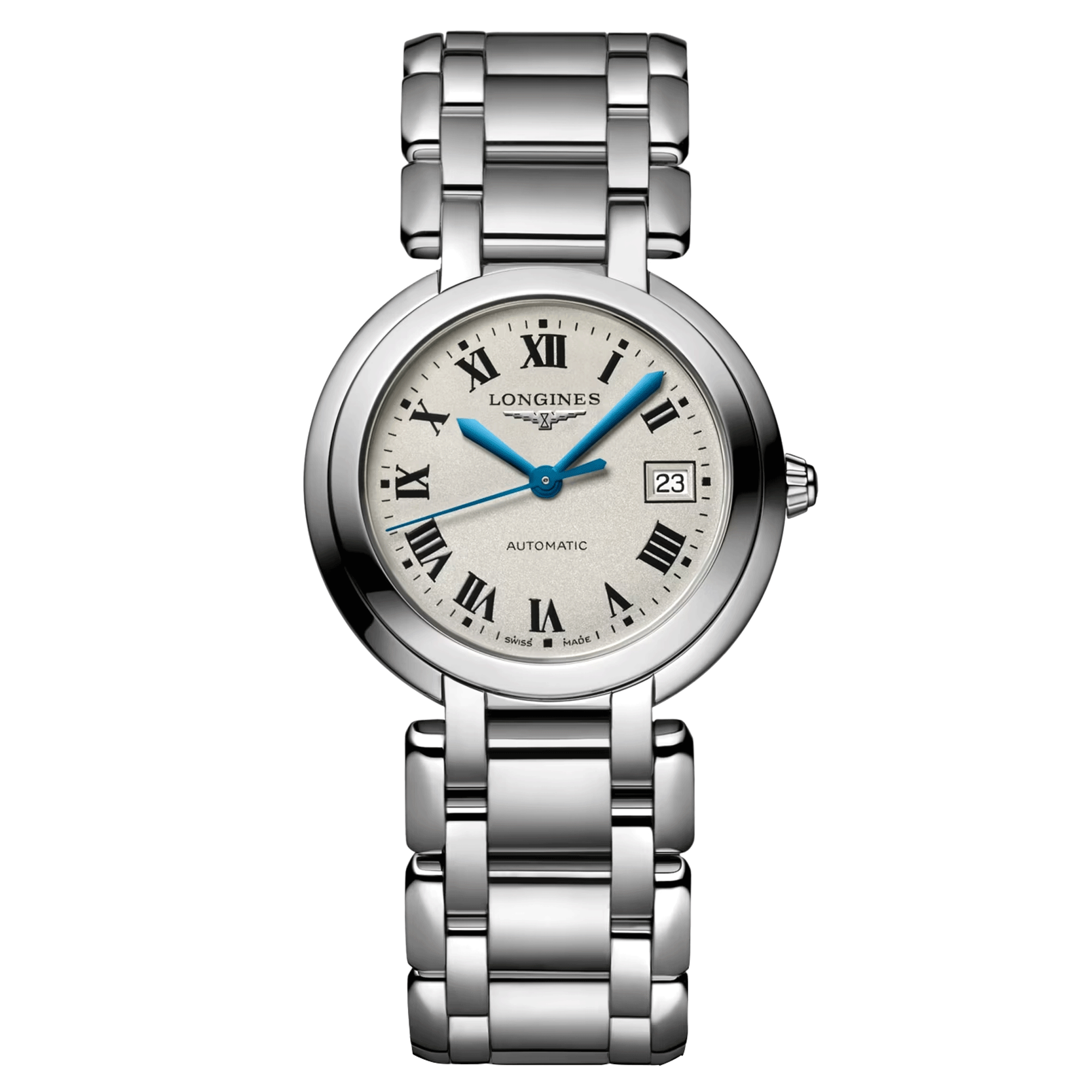 Montre Longines Primaluna automatique cadran argenté chiffres romains bracelet acier 30 mm