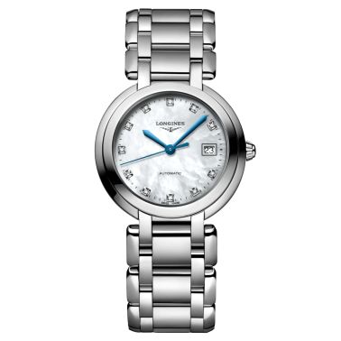 Montre Longines Primaluna automatique cadran nacre index diamants bracelet acier 30 mm