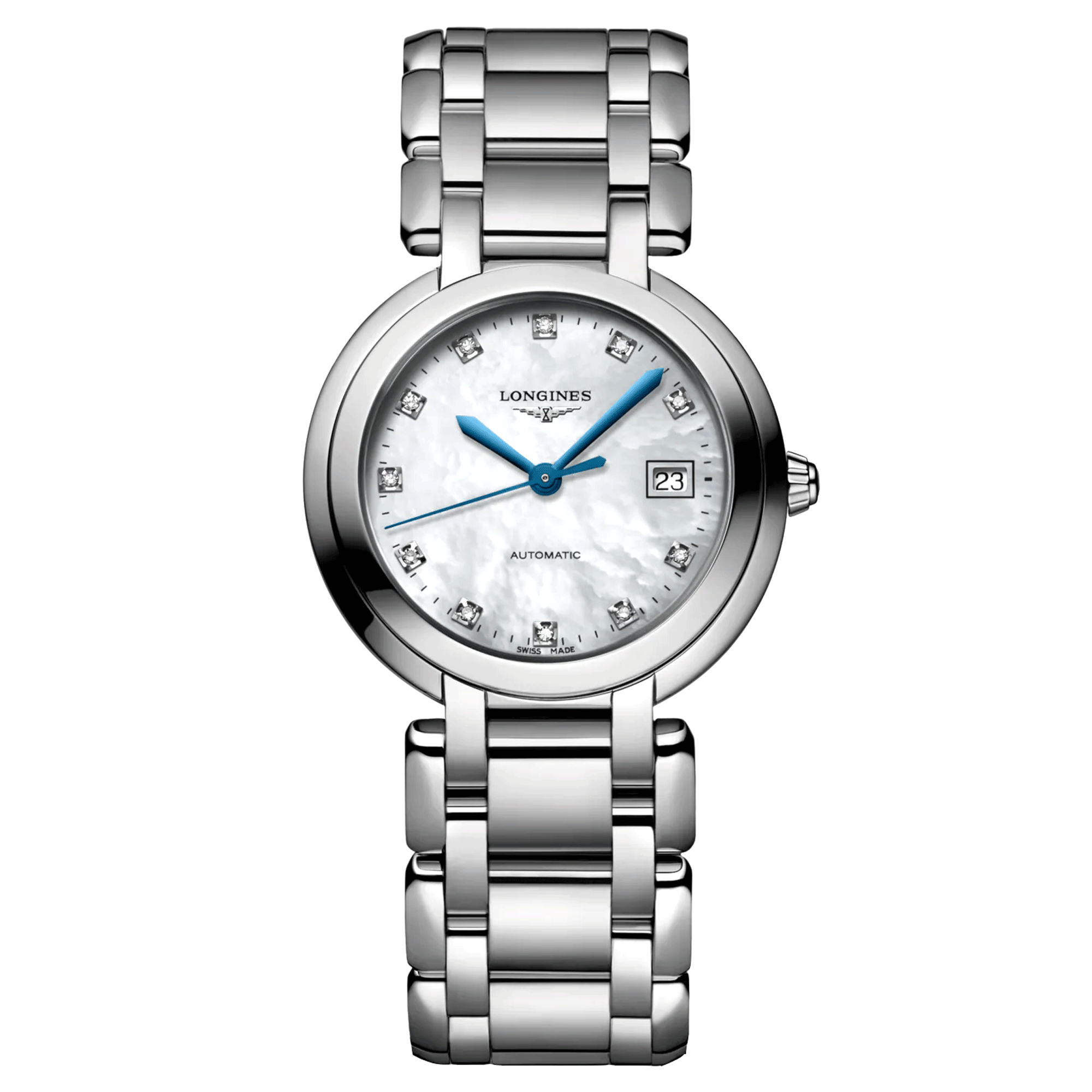 Montre Longines Primaluna automatique cadran nacre index diamants bracelet acier 30 mm