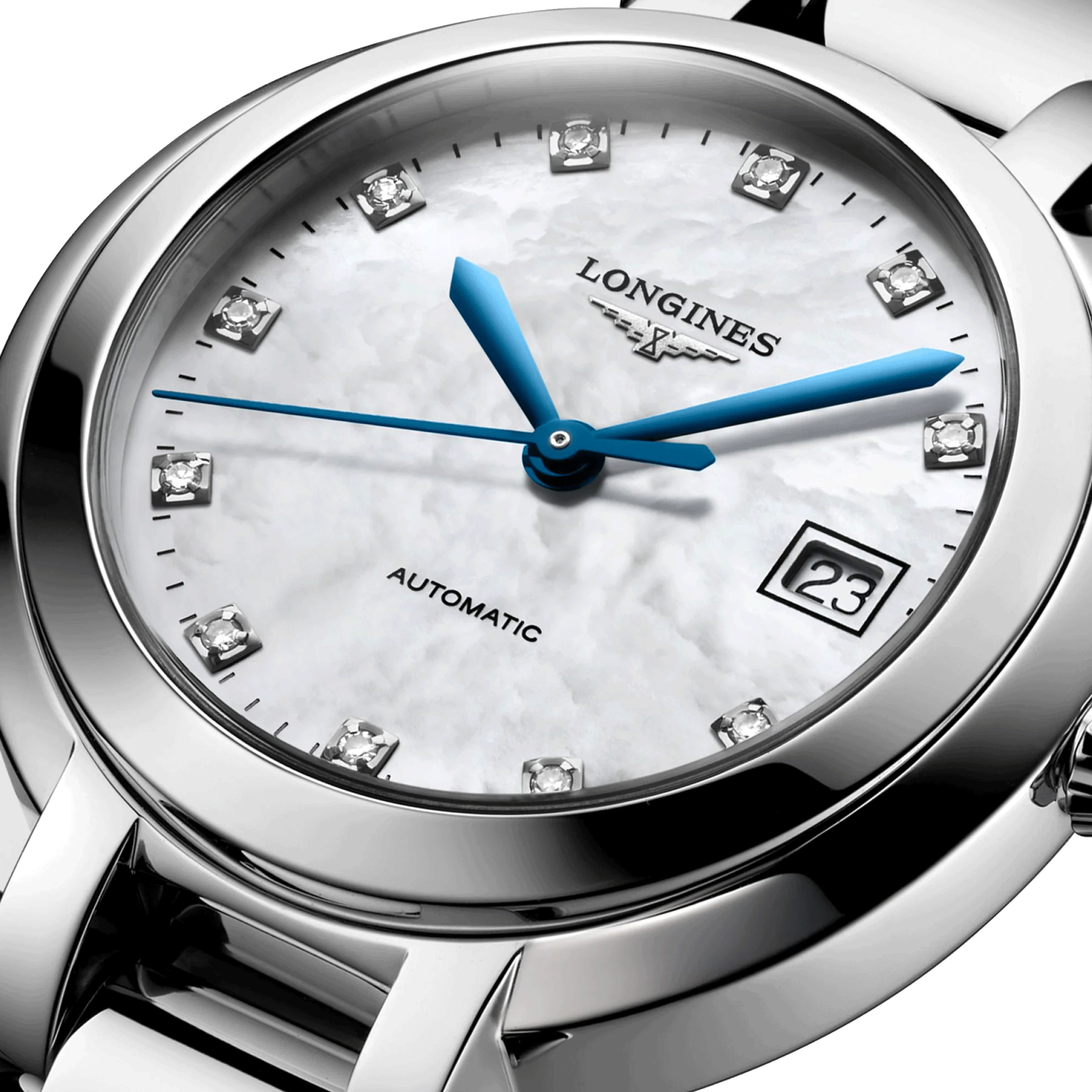Montre Longines Primaluna automatique cadran nacre index diamants bracelet acier 30 mm