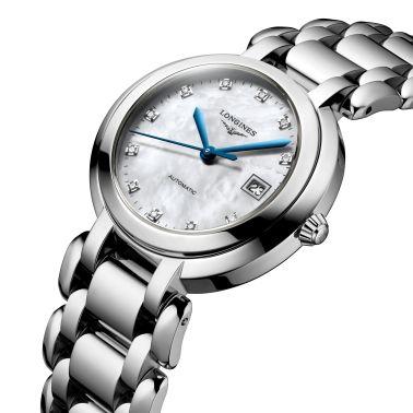 Montre Longines Primaluna automatique cadran nacre index diamants bracelet acier 30 mm