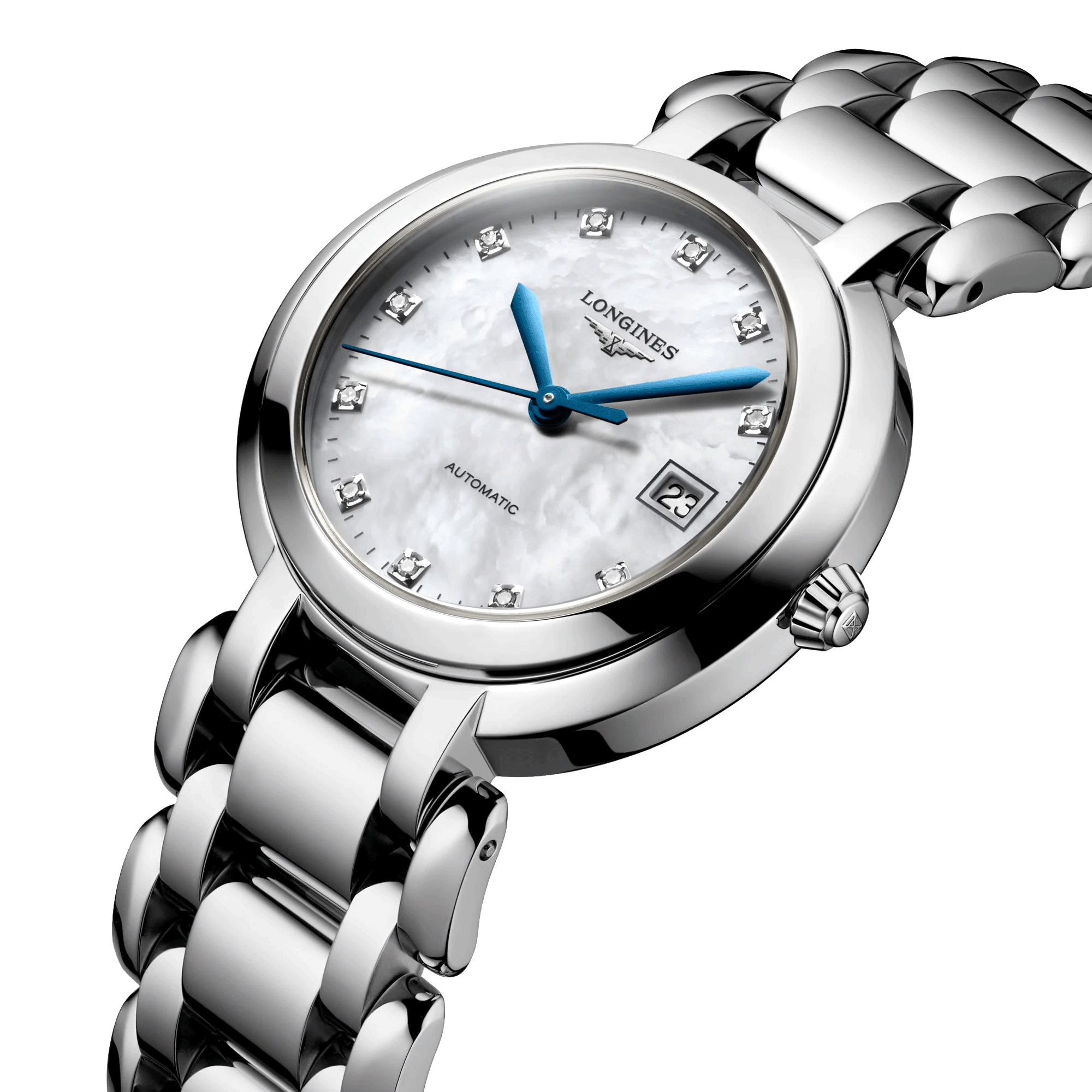 Montre Longines Primaluna automatique cadran nacre index diamants bracelet acier 30 mm