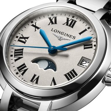 Montre Longines Primaluna quartz cadran blanc chiffres romains bracelet acier 30,5 mm