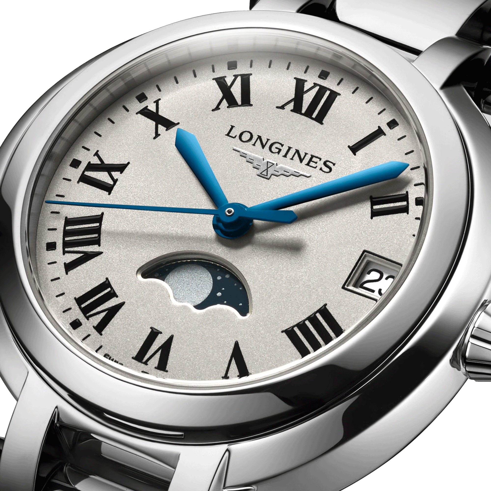 Montre Longines Primaluna quartz cadran blanc chiffres romains bracelet acier 30,5 mm