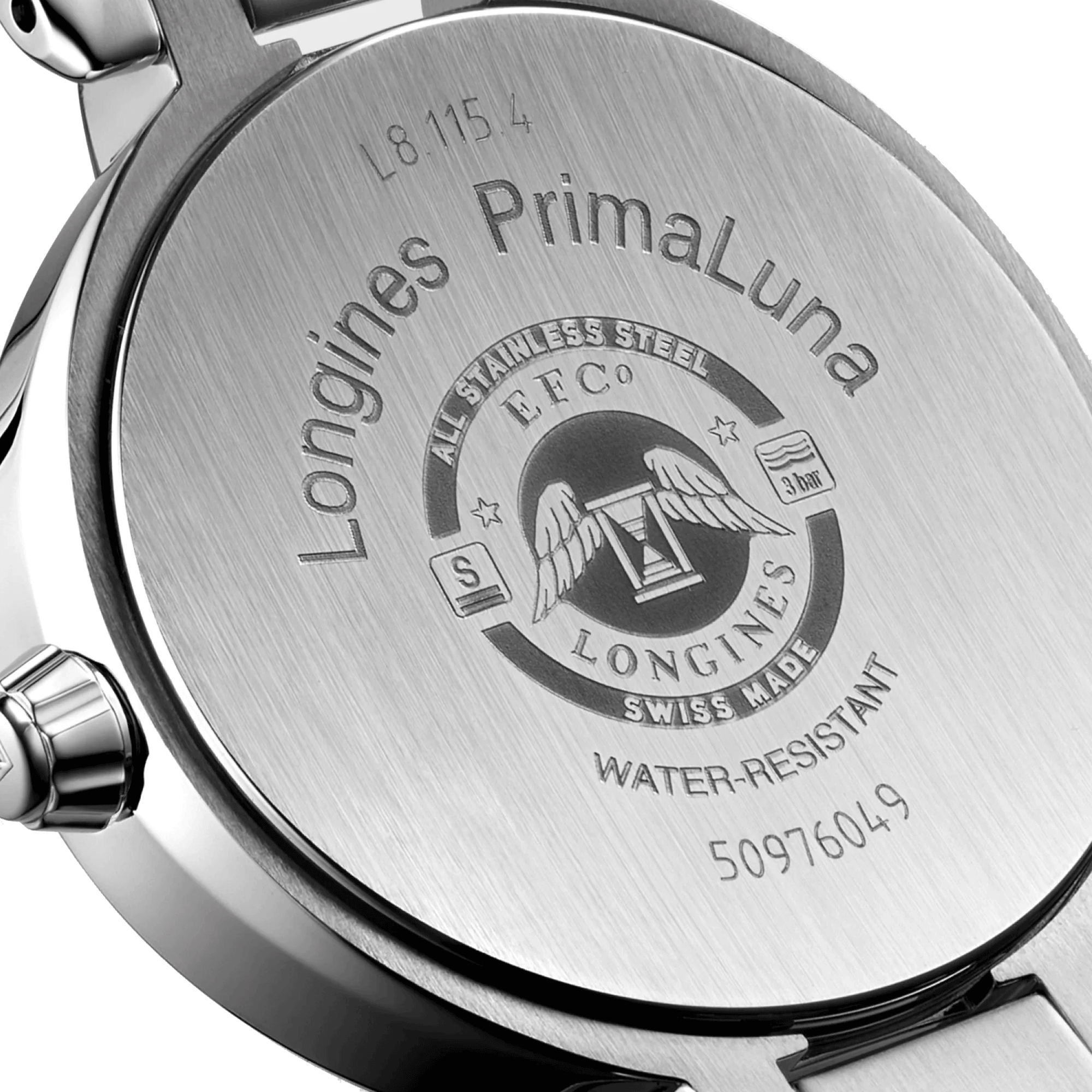 Montre Longines Primaluna quartz cadran blanc chiffres romains bracelet acier 30,5 mm